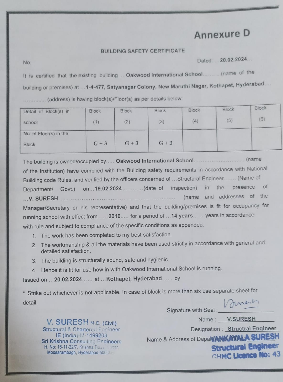 Building Safety Certificate, page 1