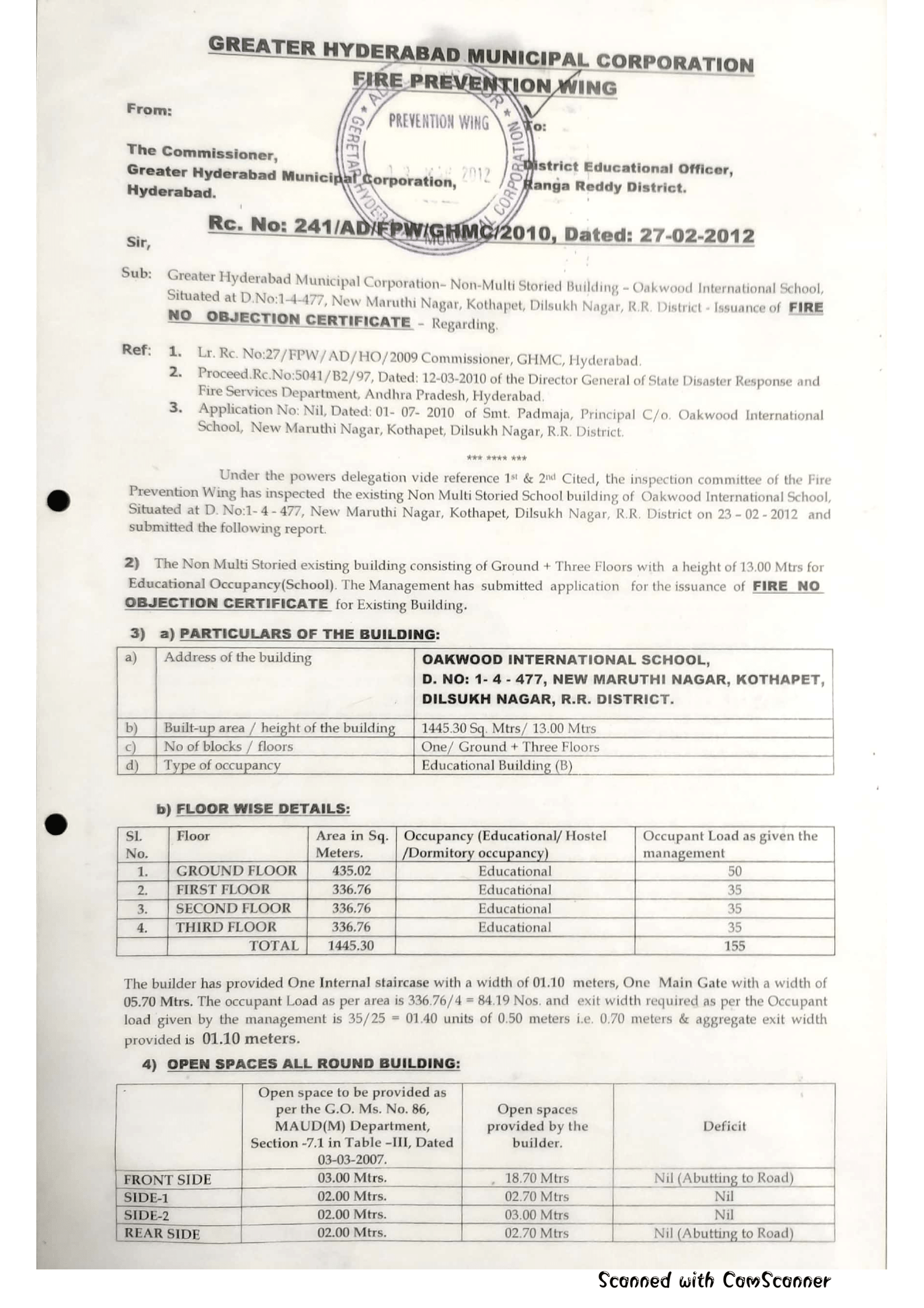 Fire Safety Certificate, page 1