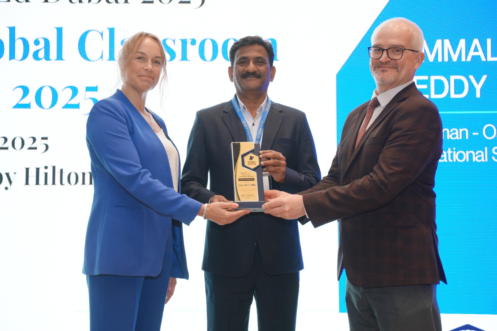 Oakwood International School Chairman Sri N. Laxma Reddy receiving the Global Classroom Award at Future-Ed Dubai 2025